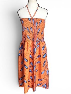 Gypsy Blu Women's XL Orange Smocked Teal Peacock Feather Lightweight Sundress